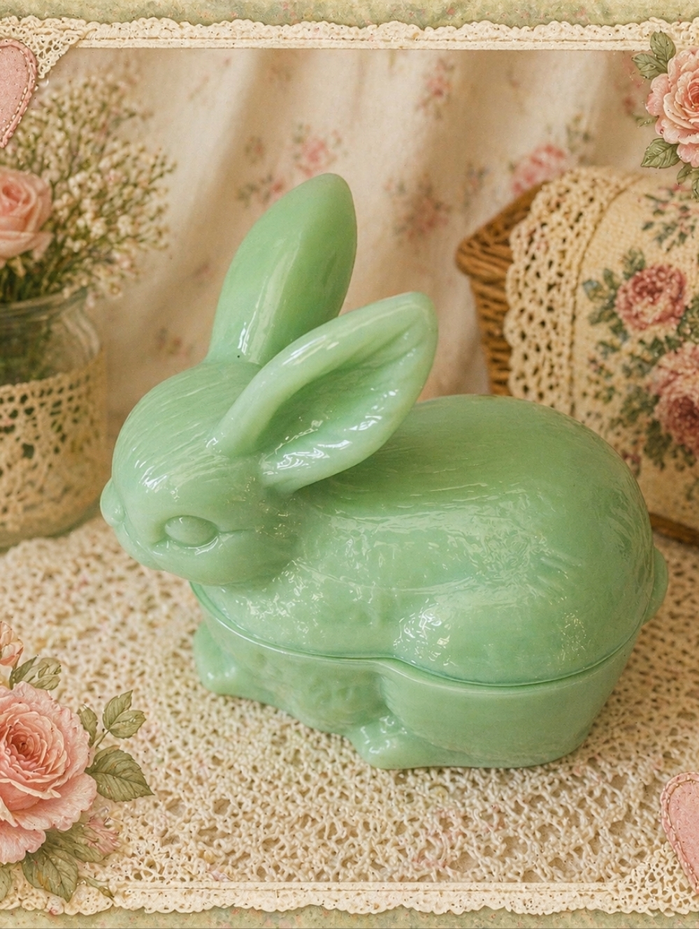Bunny On A NEST JADEITE 2PC CANDY DOSH TRINKET 6" NEW